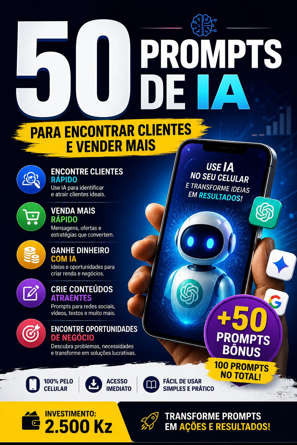 50 Prompts mais 50 Prompts de bônus para criar conteúdo